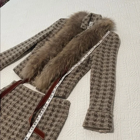 ST. JOHN fox fur Houndstooth knit wool Skirt suit set jacket silk lined - Picture 4 of 17